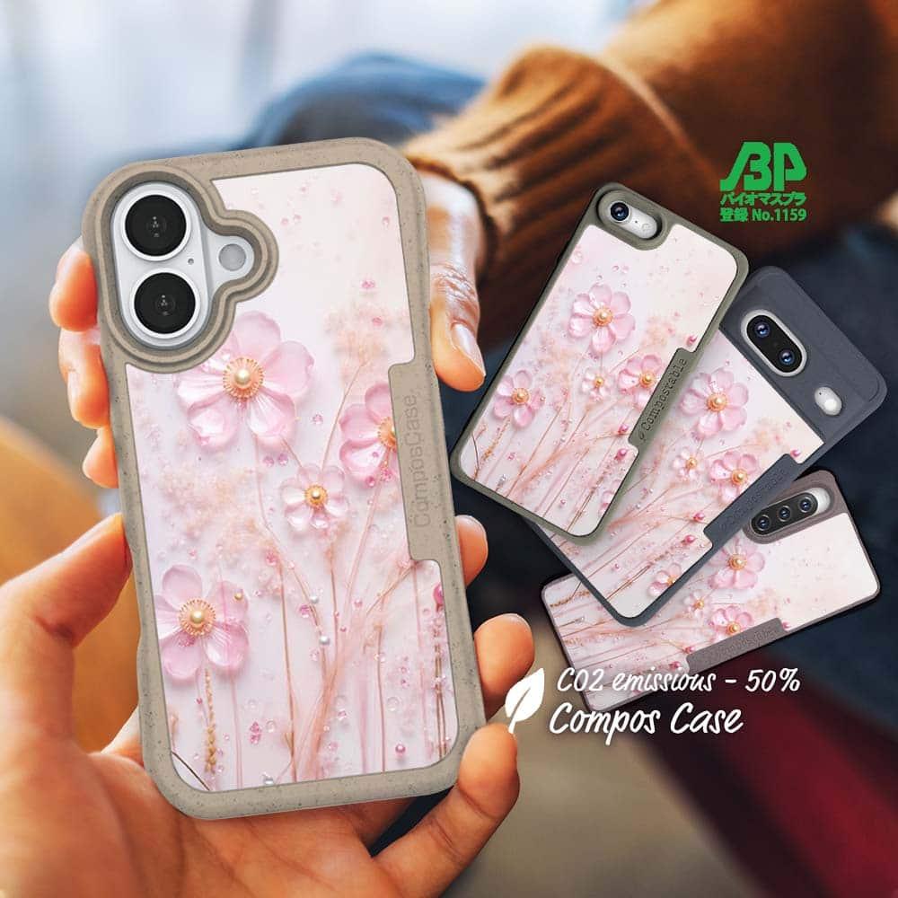 iPhone16/iPhone16e/iPhone16 Pro 花柄 コンポスケース プラスチックフラワー ピンクNo2