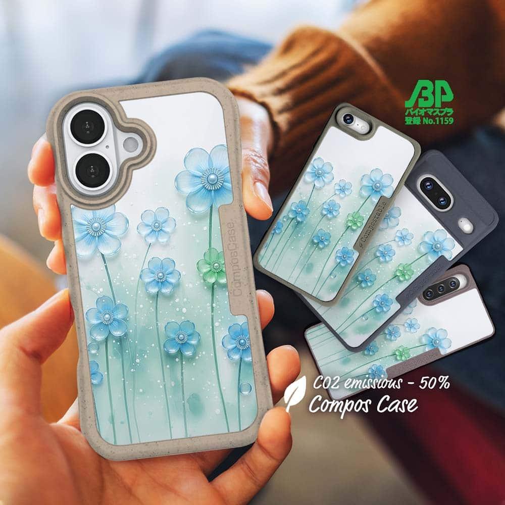 iPhone16/iPhone16e 花柄 コンポスケース プラスチックフラワー ブルーNo2