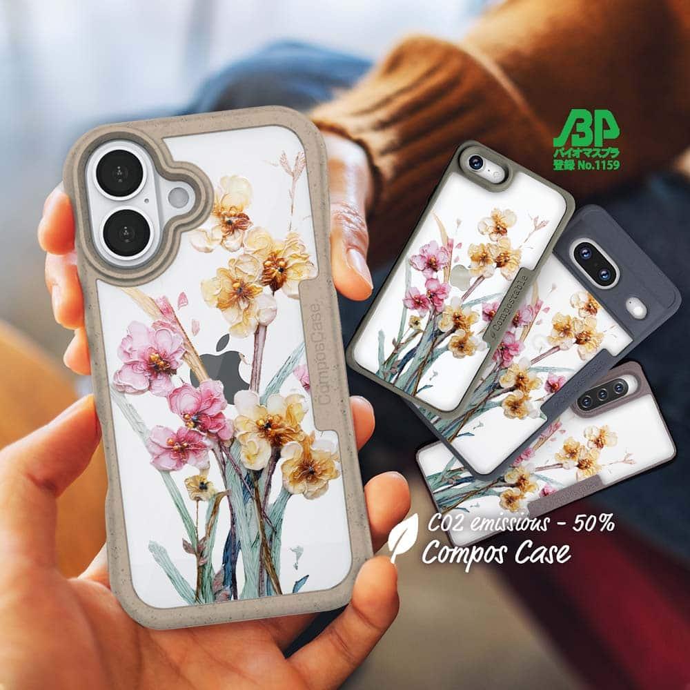 iPhone16/iPhone16e 花柄 コンポスケース 日本の花画風 イエロー