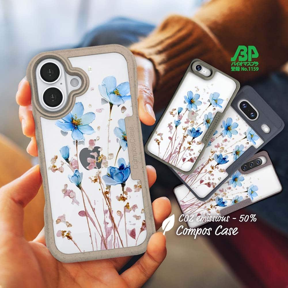 iPhone16/iPhone16e 花柄 コンポスケース 日本の花画風 ブルー