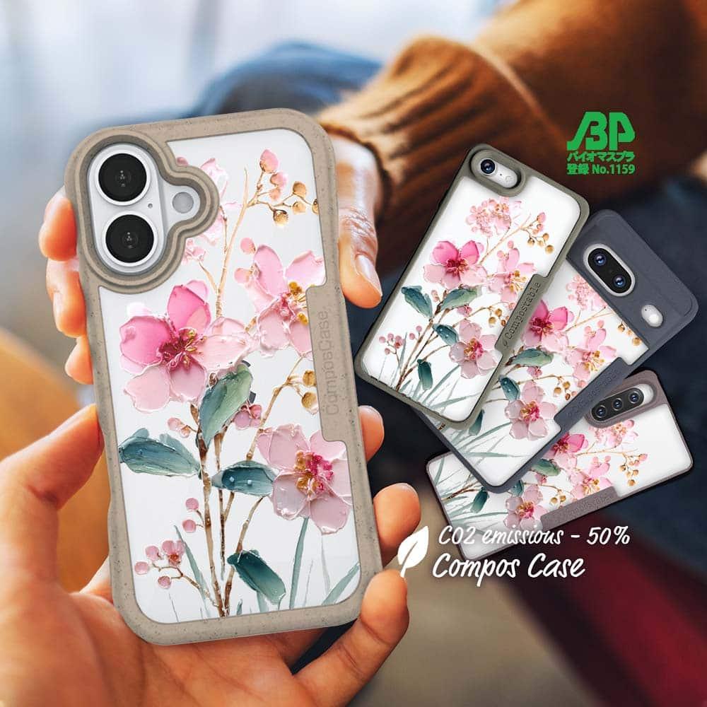 iPhone16/iPhone16e 花柄 コンポスケース 日本の花画風 ピンク