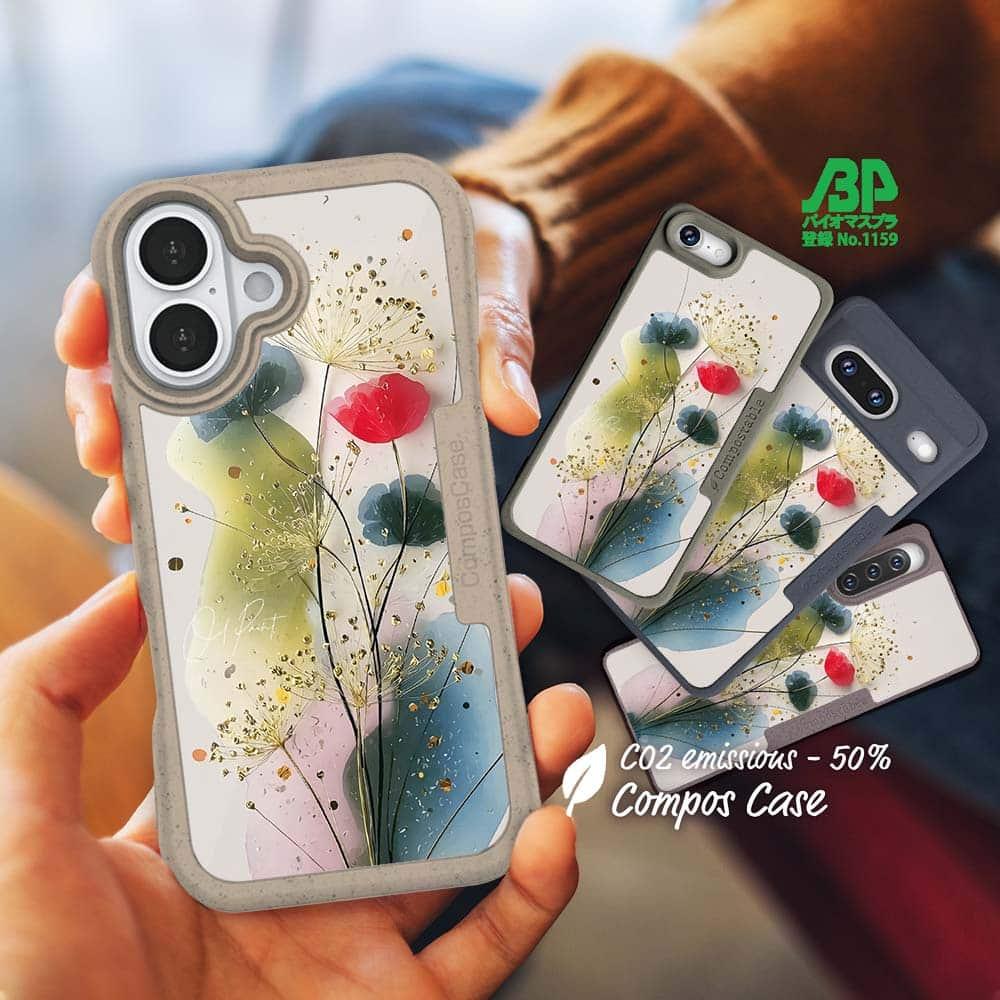iPhone16/iPhone16e/iPhone16 Pro 花柄 コンポスケース オイルペイント 金糸のスピカ1枚目の画像