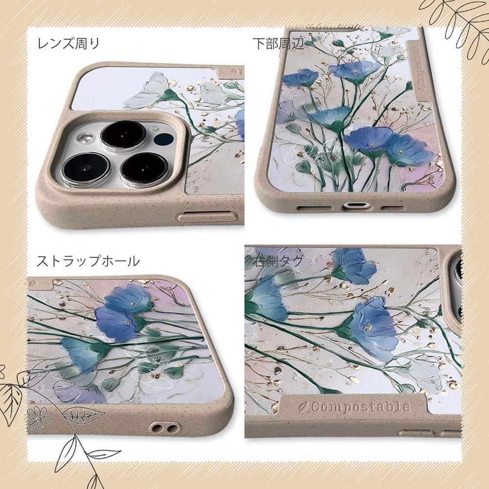 iPhone16/iPhone16e/iPhone16 Pro 花柄 コンポスケース オイルペイント 青と金 | 6枚目