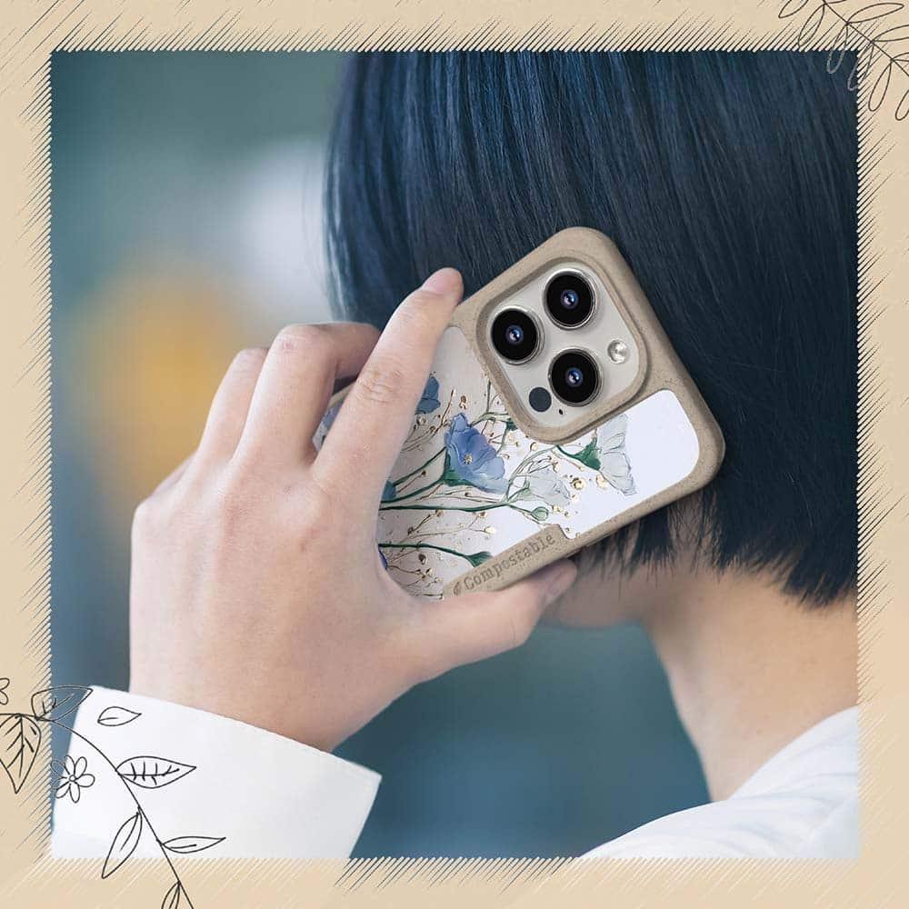 iPhone16/iPhone16e/iPhone16 Pro 花柄 コンポスケース オイルペイント 青と金 | 7枚目