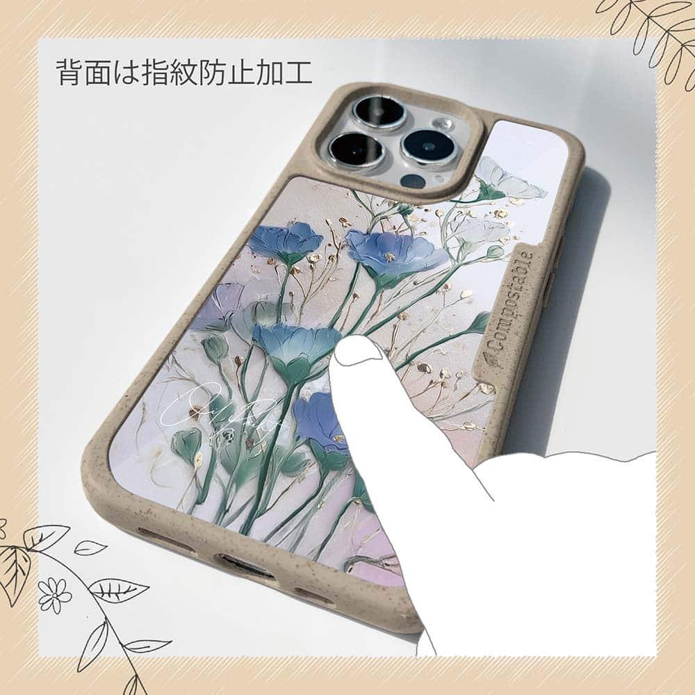 iPhone16/iPhone16e/iPhone16 Pro 花柄 コンポスケース オイルペイント 青と金 | 13枚目