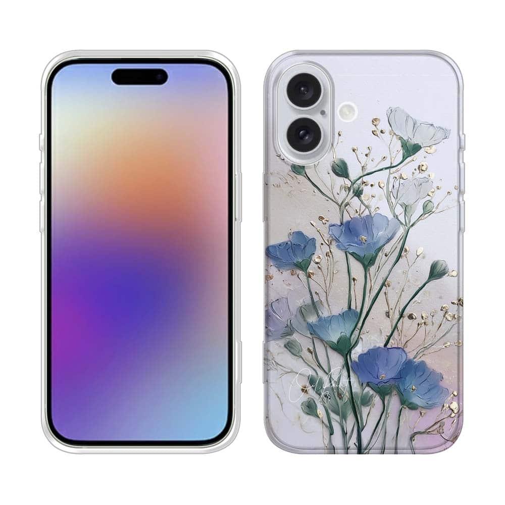 iPhone17/iPhoneAir/iPhone17Pro 花柄 全機種対応☆TPUケース オイルペイント 青と金 | 2枚目