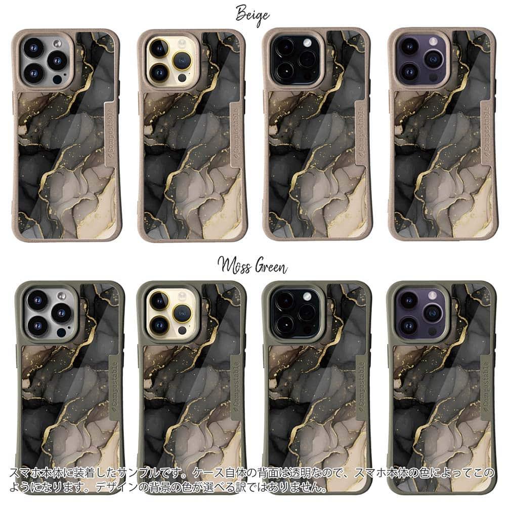 iPhone16/iPhone16e 花柄 コンポスケース くすみカラーマーブル調 ブラック＆ゴールド | 2枚目