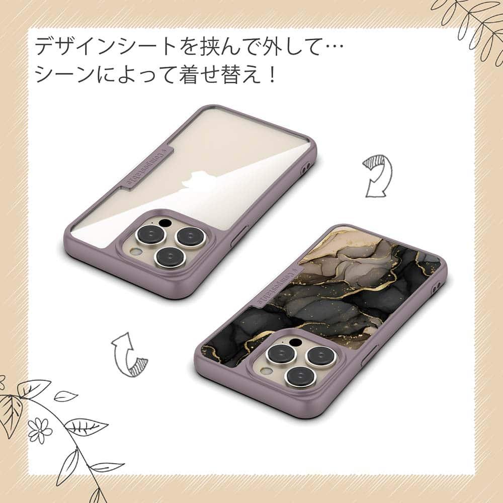 iPhone16/iPhone16e 花柄 コンポスケース くすみカラーマーブル調 ブラック＆ゴールド | 5枚目