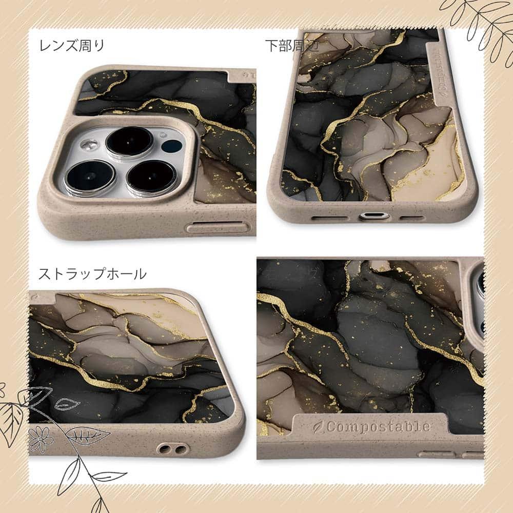 iPhone16/iPhone16e 花柄 コンポスケース くすみカラーマーブル調 ブラック＆ゴールド | 6枚目