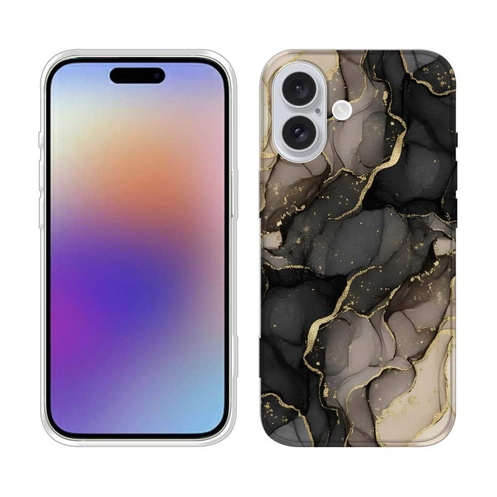 iPhone17/iPhoneAir 花柄 全機種対応☆TPUケース くすみカラーマーブル調 ブラック＆ゴールド | 2枚目