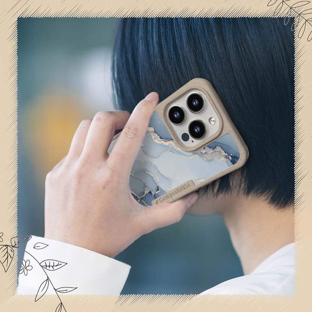 iPhone16/iPhone16e 花柄 コンポスケース くすみカラーマーブル調 ブルー＆ゴールド | 7枚目