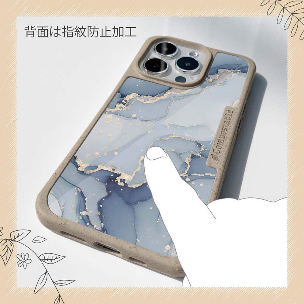 iPhone16/iPhone16e 花柄 コンポスケース くすみカラーマーブル調 ブルー＆ゴールド | 13枚目