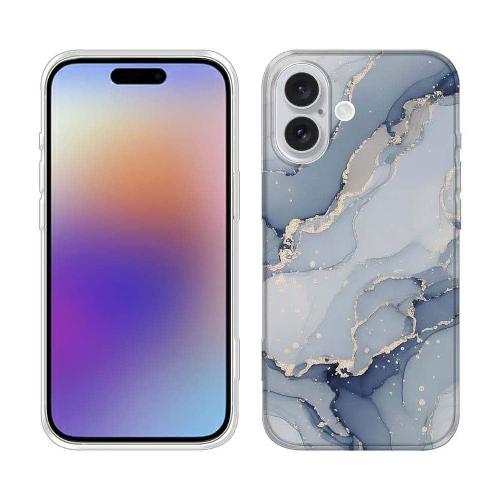 iPhone17/iPhoneAir 花柄 全機種対応☆TPUケース くすみカラーマーブル調 ブルー＆ゴールド | 2枚目