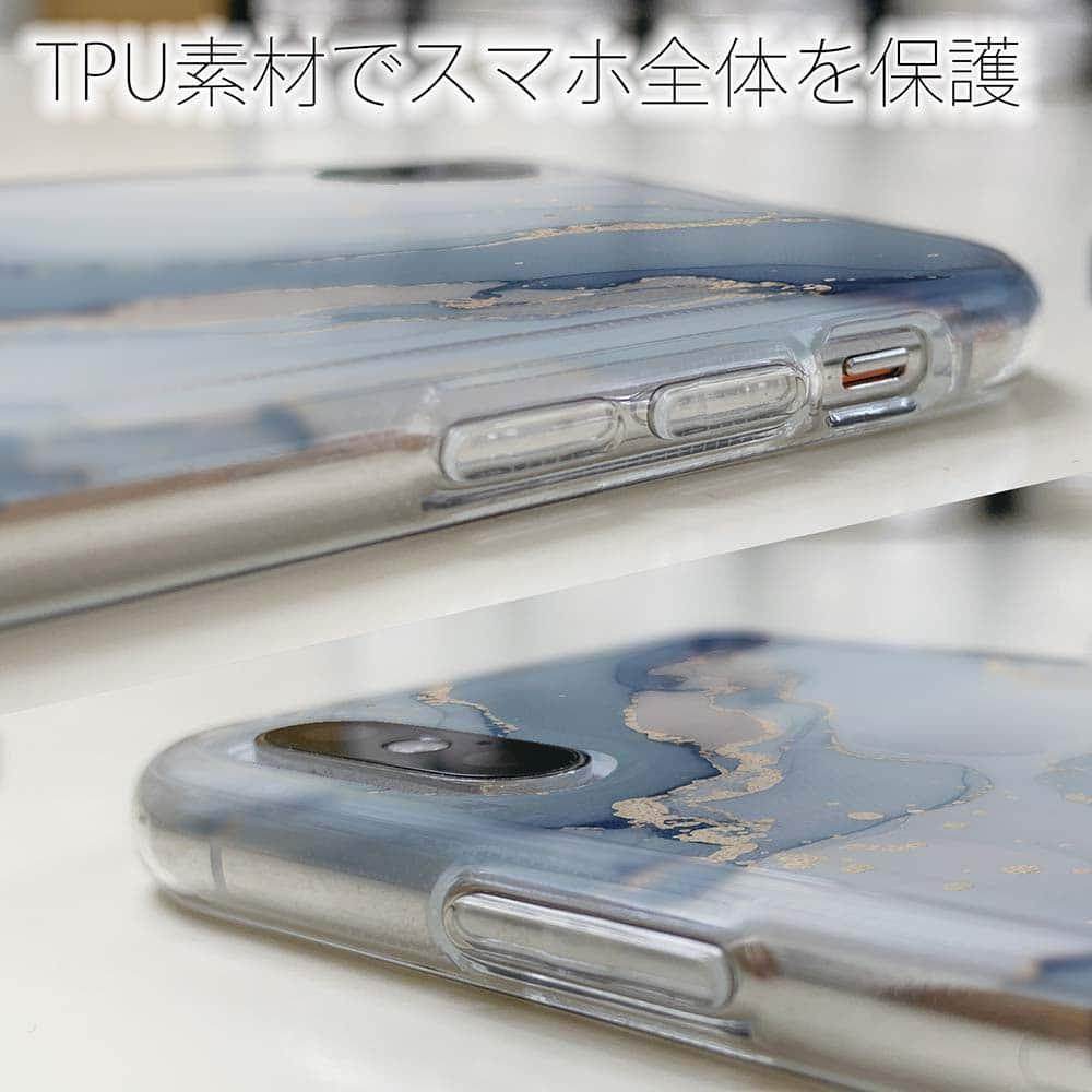 iPhone17/iPhoneAir 花柄 全機種対応☆TPUケース くすみカラーマーブル調 ブルー＆ゴールド | 5枚目