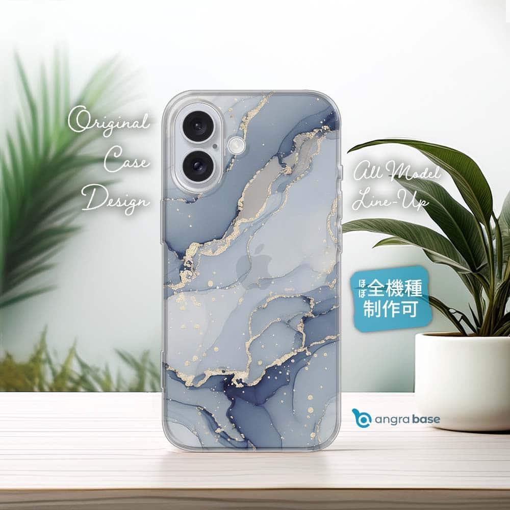 iPhone17/iPhoneAir 花柄 全機種対応☆TPUケース くすみカラーマーブル調 ブルー＆ゴールド1枚目の画像