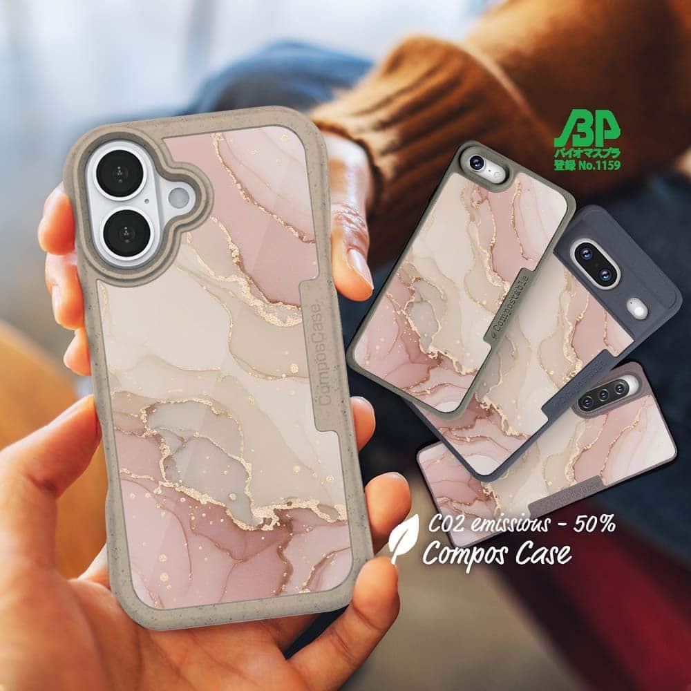 iPhone16/iPhone16e 花柄 コンポスケース くすみカラーマーブル調 ピンク＆ゴールド1枚目の画像