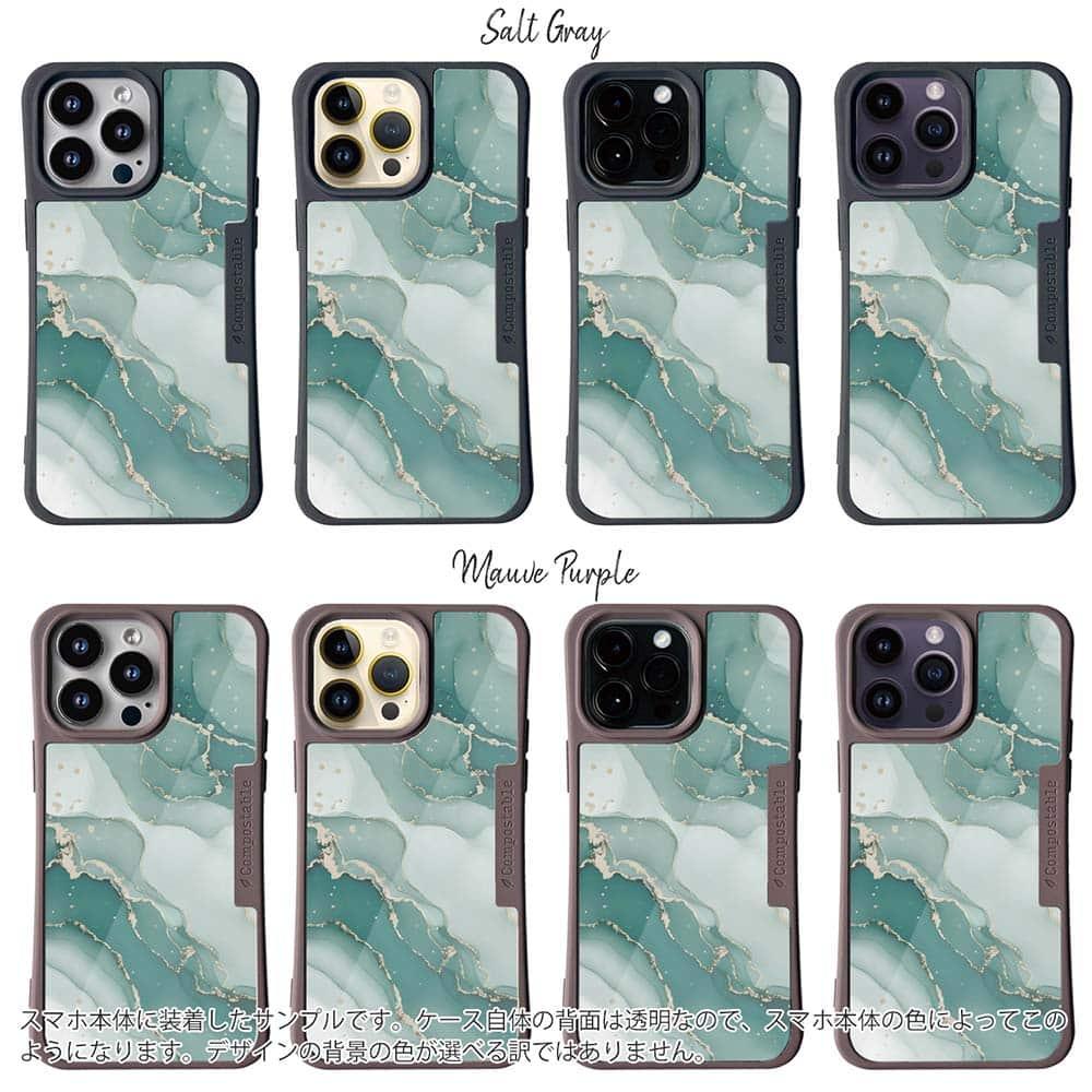 iPhone16/iPhone16e 花柄 コンポスケース くすみカラーマーブル調 グリーン＆ゴールド | 3枚目