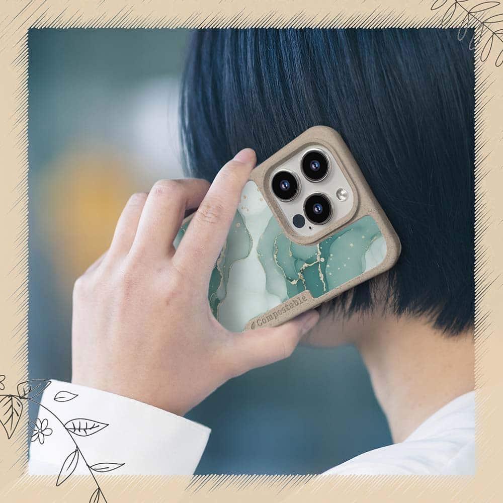 iPhone16/iPhone16e 花柄 コンポスケース くすみカラーマーブル調 グリーン＆ゴールド | 7枚目