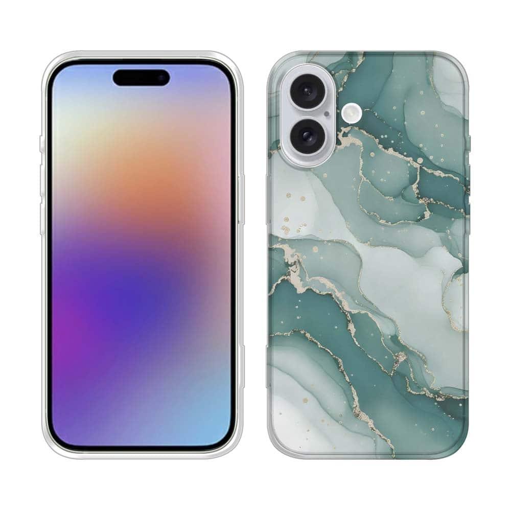 iPhone17/iPhoneAir 花柄 全機種対応☆TPUケース くすみカラーマーブル調 グリーン＆ゴールド | 2枚目