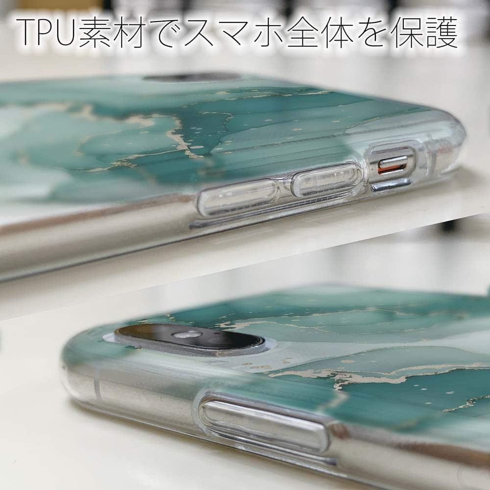 iPhone17/iPhoneAir 花柄 全機種対応☆TPUケース くすみカラーマーブル調 グリーン＆ゴールド | 5枚目