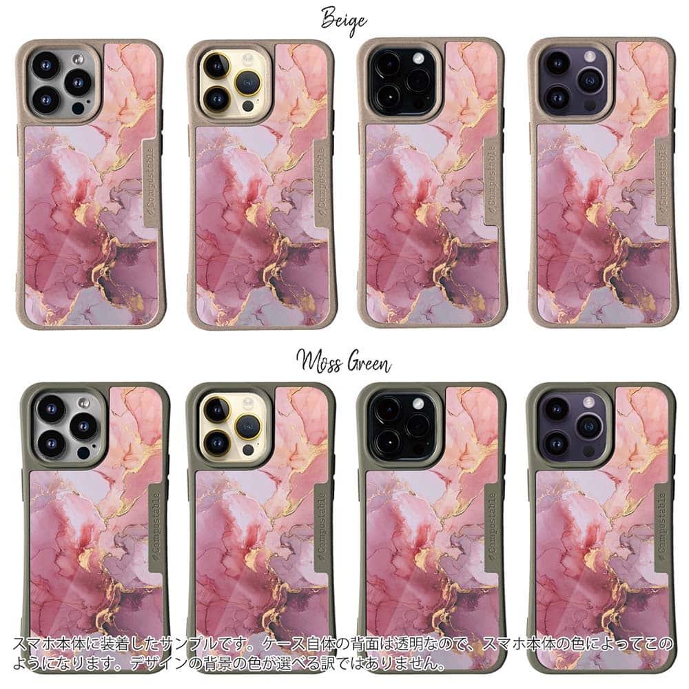 iPhone16/iPhone16e 花柄 コンポスケース マーブル調【ゴールドラメ】 ピンク＆ゴールド | 2枚目