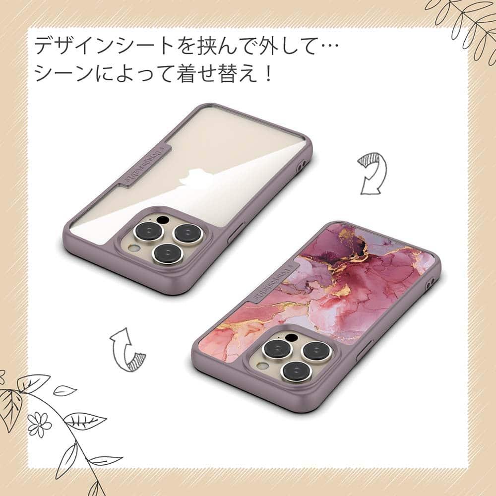 iPhone16/iPhone16e 花柄 コンポスケース マーブル調【ゴールドラメ】 ピンク＆ゴールド | 5枚目