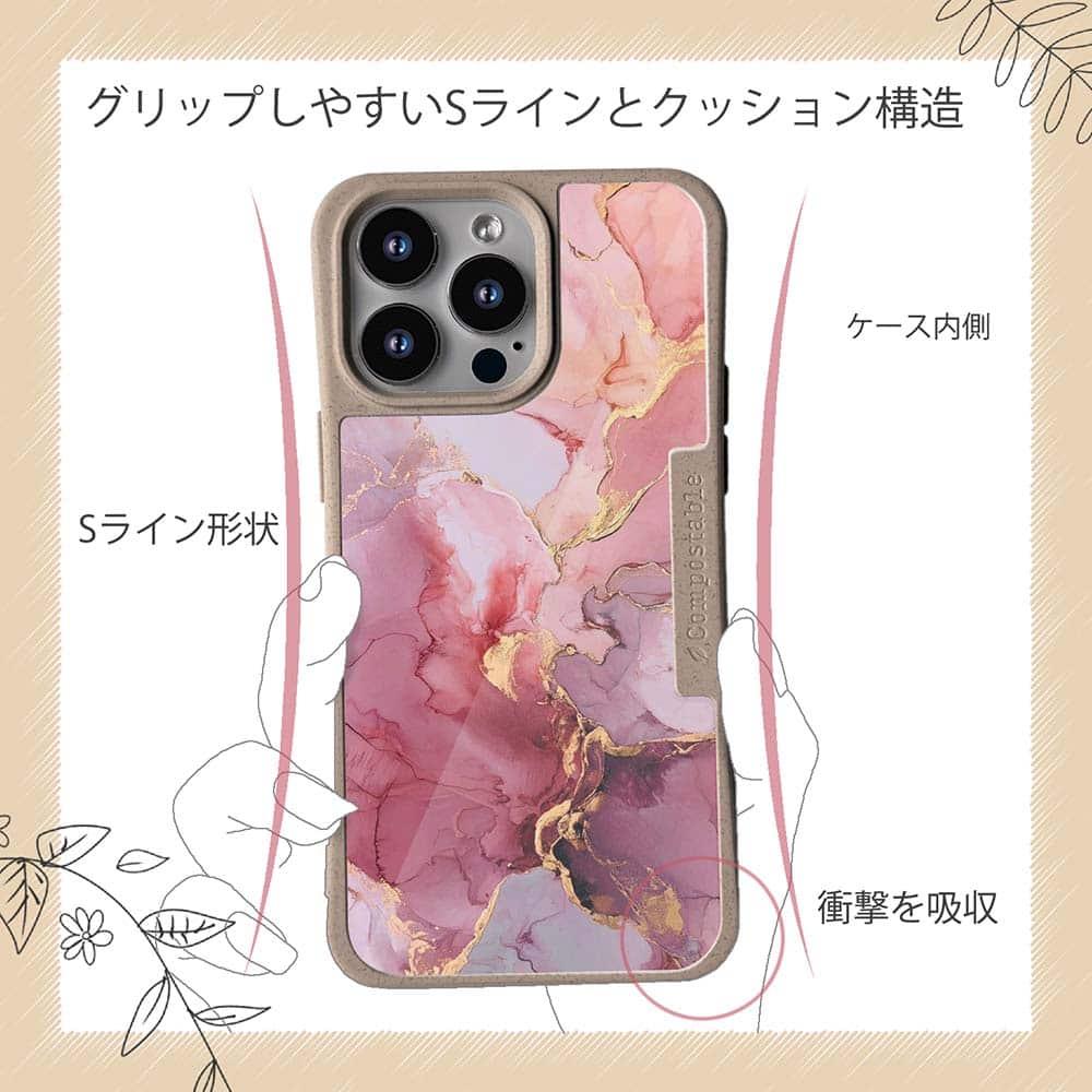 iPhone16/iPhone16e 花柄 コンポスケース マーブル調【ゴールドラメ】 ピンク＆ゴールド | 8枚目