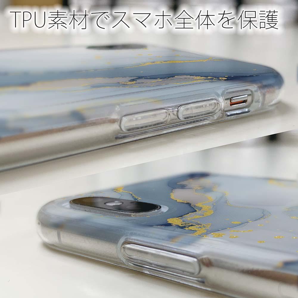 iPhone17/iPhoneAir 花柄 全機種対応☆TPUケース くすみカラーマーブル【ラメ】 ブルー＆ゴールド | 5枚目