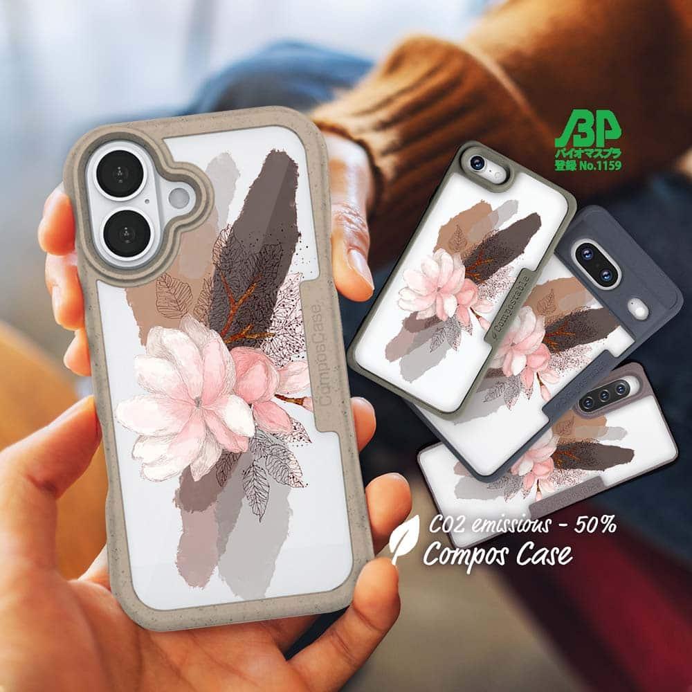iPhone16/iPhone16e/iPhone16 Pro 花柄 コンポスケース ニュアンス・ライトピンク1枚目の画像