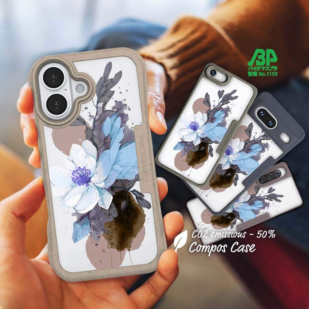 iPhone16/iPhone16e/iPhone16 Pro 花柄 コンポスケース ニュアンス・ペールブルー1枚目の画像
