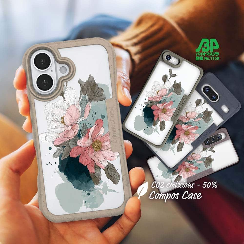 iPhone16/iPhone16e/iPhone16 Pro 花柄 コンポスケース ニュアンス・ピンク1枚目の画像