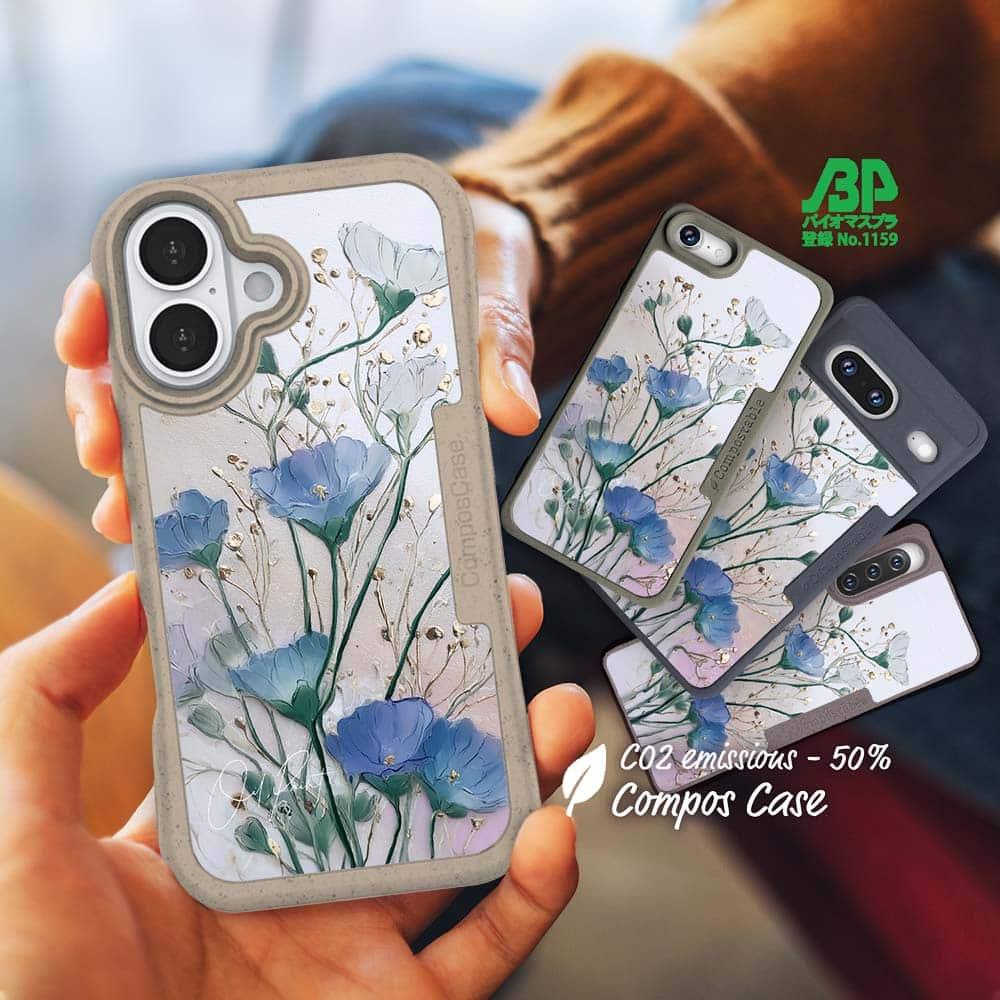 iPhone16/iPhone16e/iPhone16 Pro 花柄 コンポスケース オイルペイント 青と金1枚目の画像