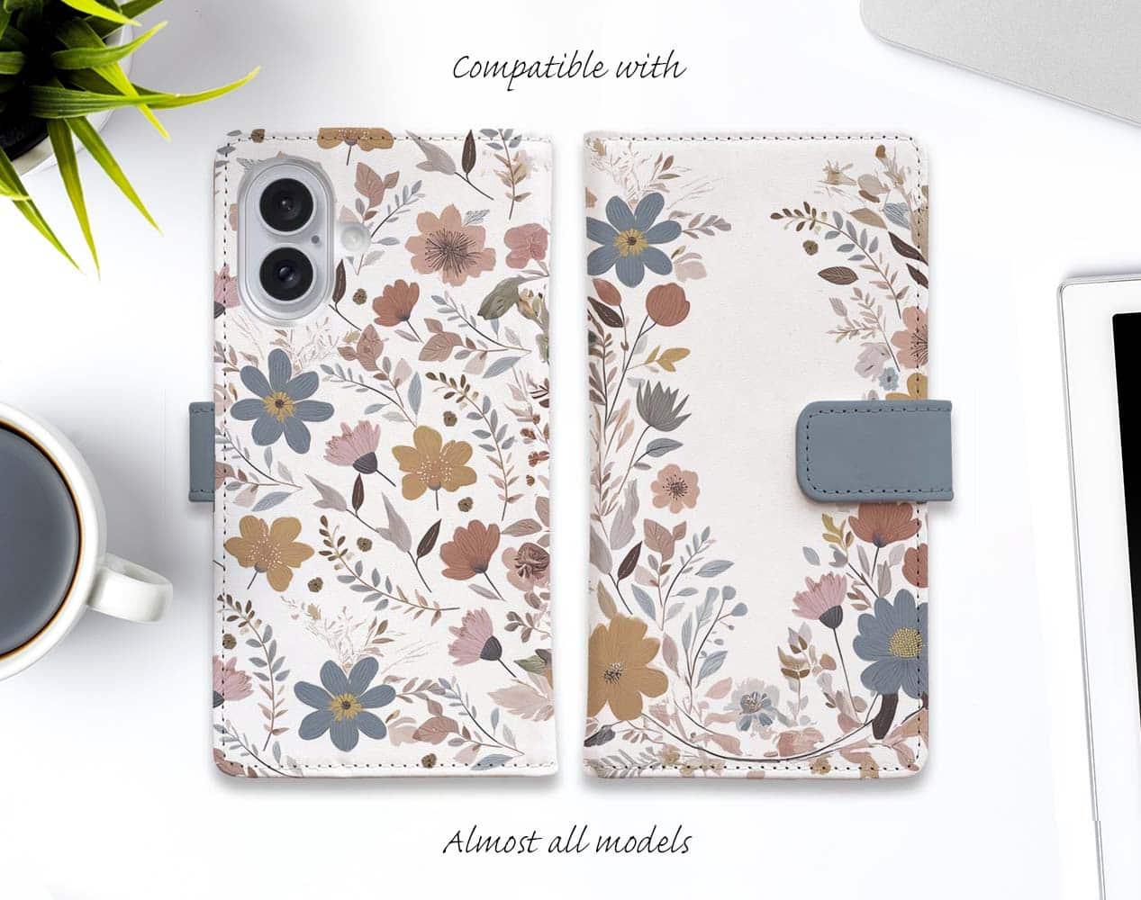 iPhone17/iPhoneAir/iPhone17Pro 全機種対応☆手帳型 北欧くすみカラーの花1枚目の画像