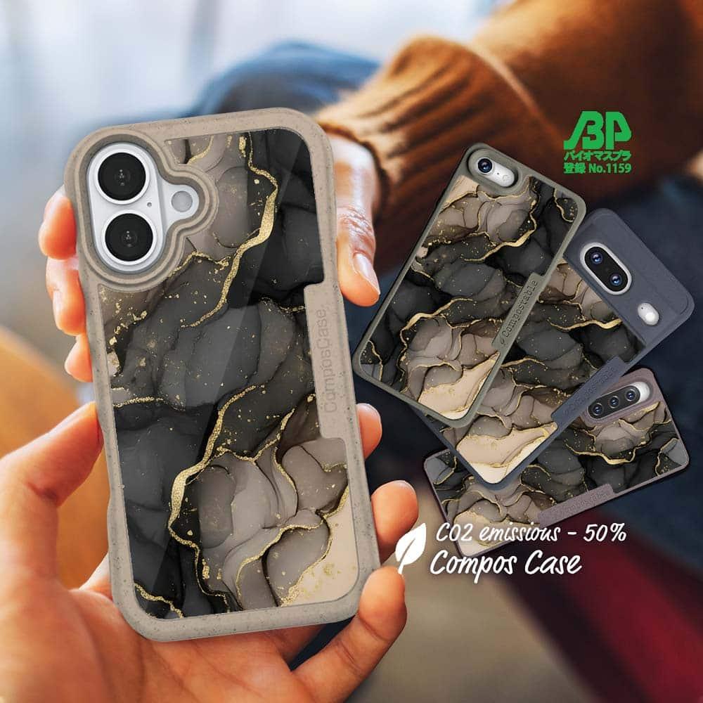 iPhone16/iPhone16e 花柄 コンポスケース くすみカラーマーブル調 ブラック&ゴールド1枚目の画像