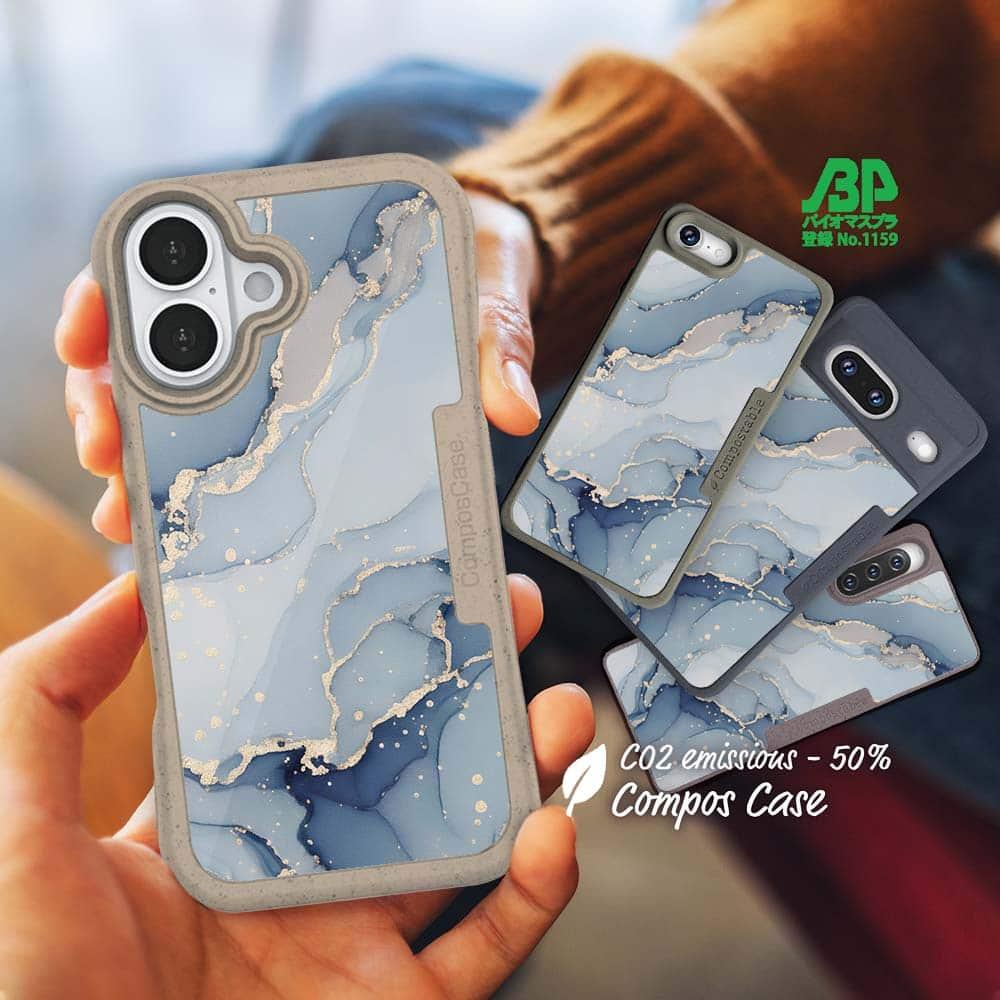iPhone16/iPhone16e 花柄 コンポスケース くすみカラーマーブル調 ブルー&ゴールド1枚目の画像