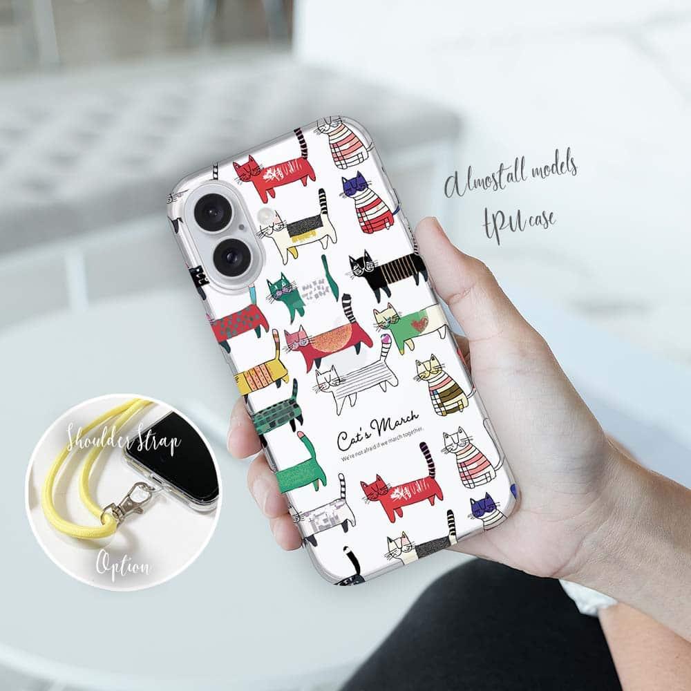 iPhone17/iPhoneAir/iPhone17Pro 花柄 全機種対応☆TPUケース 北欧デザイン 猫の行進1枚目の画像