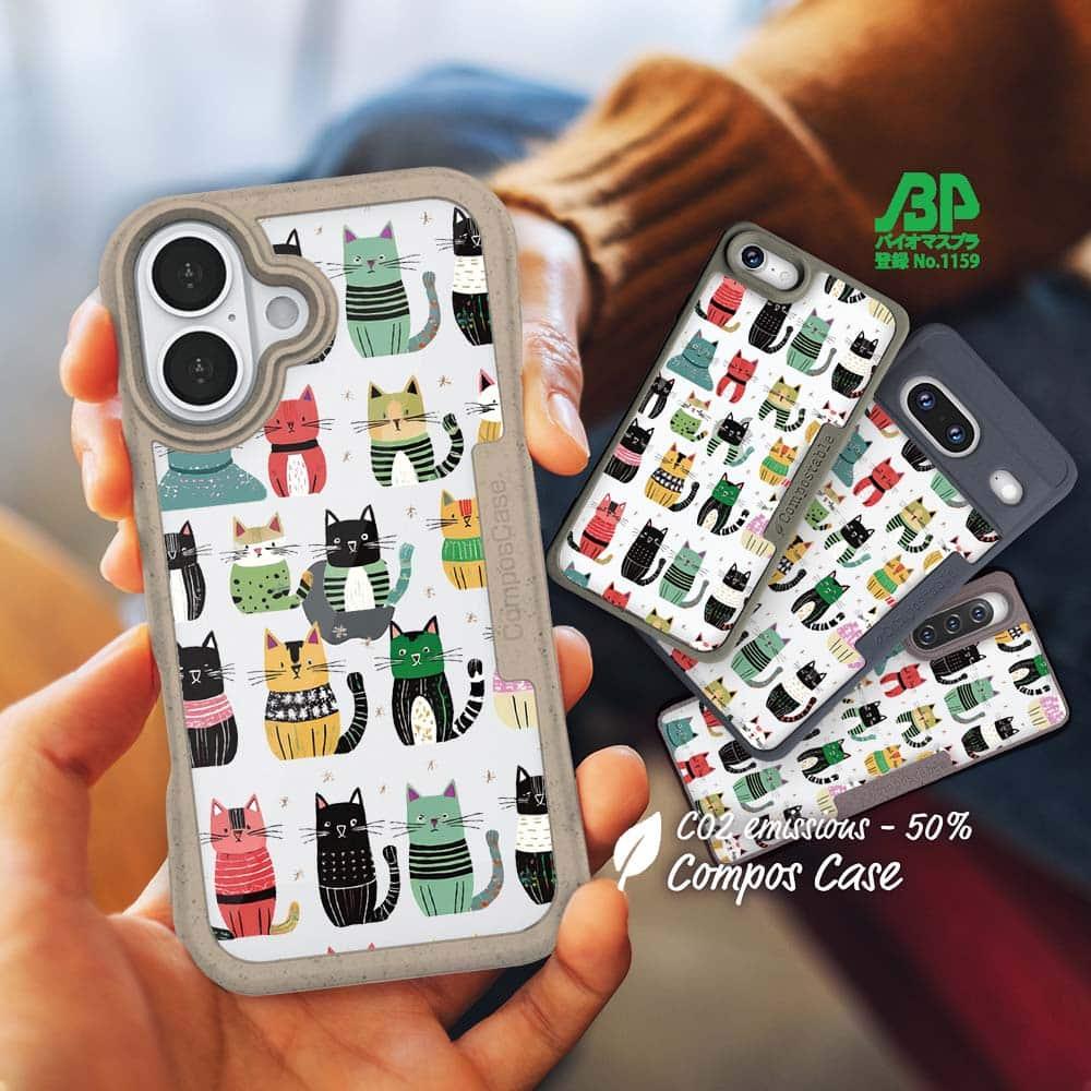 iPhone16/iPhone16e/iPhone16 Pro 花柄 コンポスケース 北欧デザイン いろいろな猫1枚目の画像