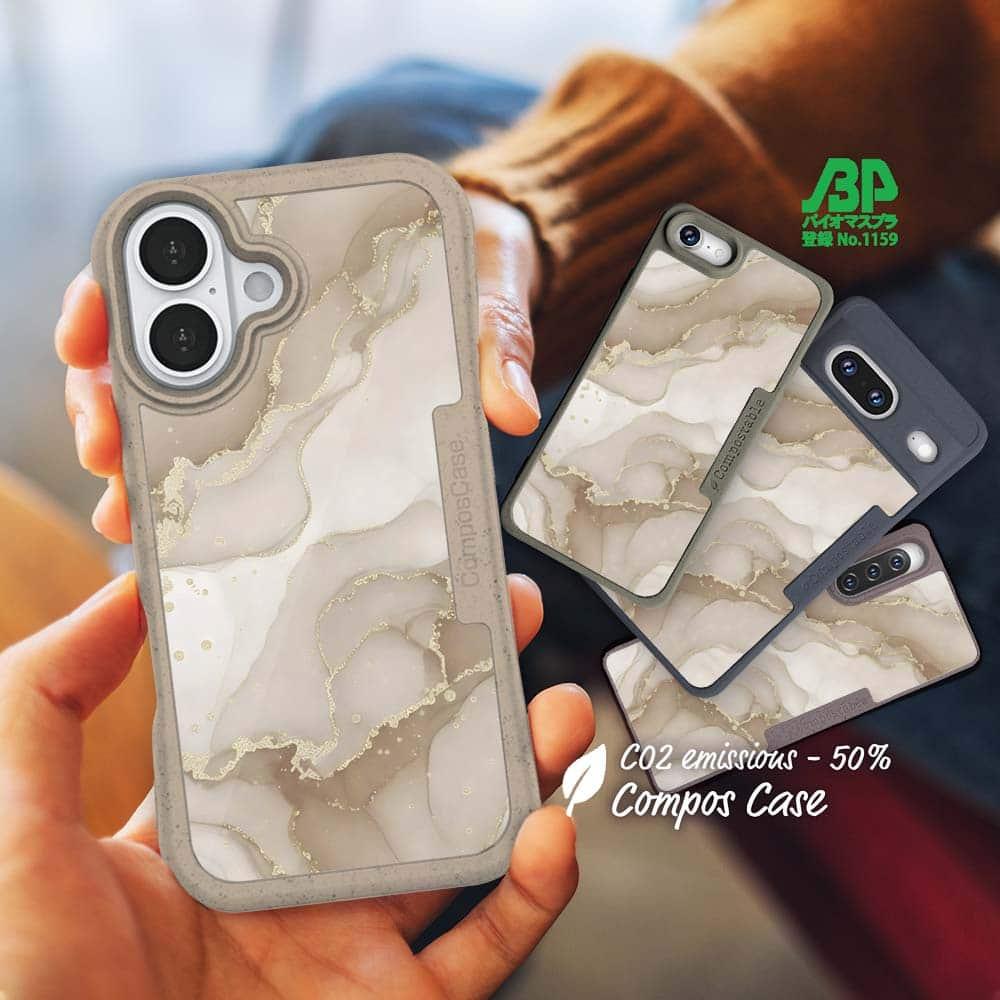 iPhone16/iPhone16e 花柄 コンポスケース くすみカラーマーブル調 ベージュ&ゴールド1枚目の画像