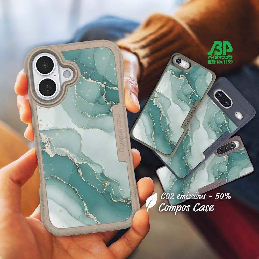 iPhone16/iPhone16e 花柄 コンポスケース くすみカラーマーブル調 グリーン&ゴールド1枚目の画像