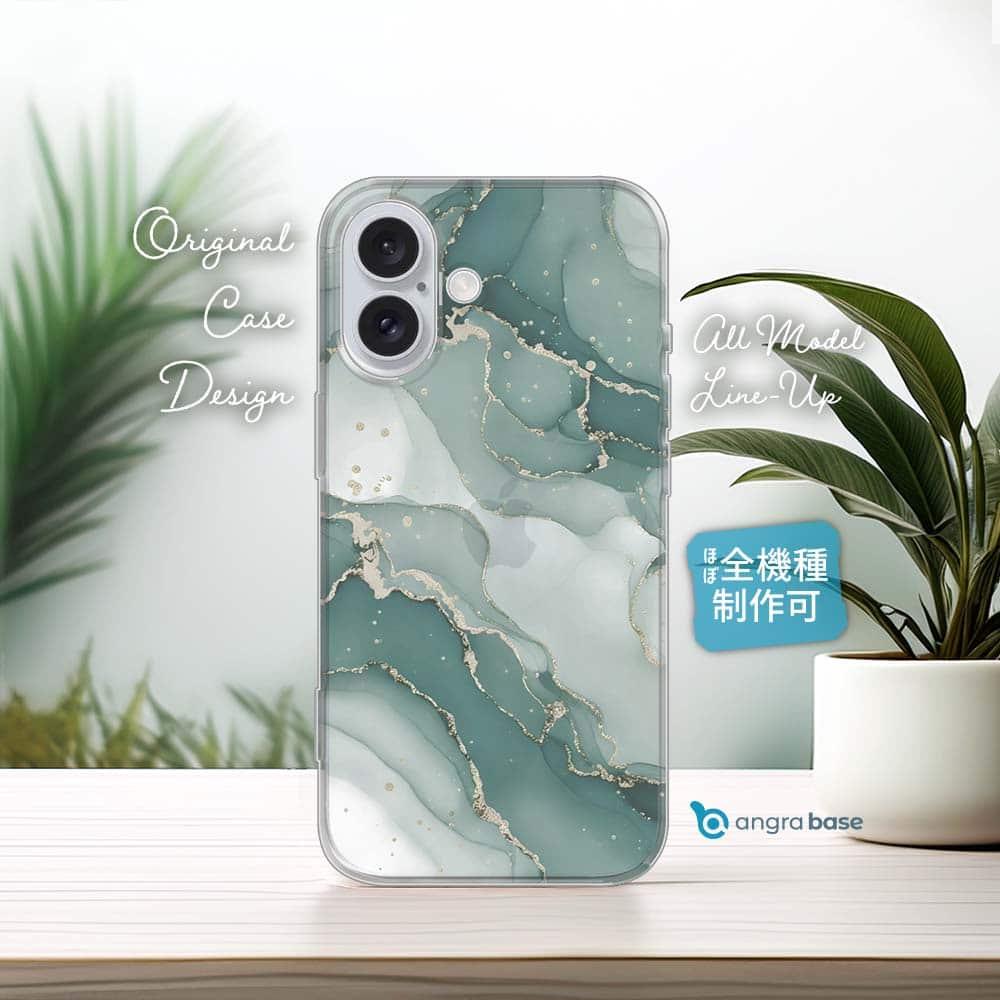 iPhone17/iPhoneAir 花柄 全機種対応☆TPUケース くすみカラーマーブル調 グリーン&ゴールド1枚目の画像