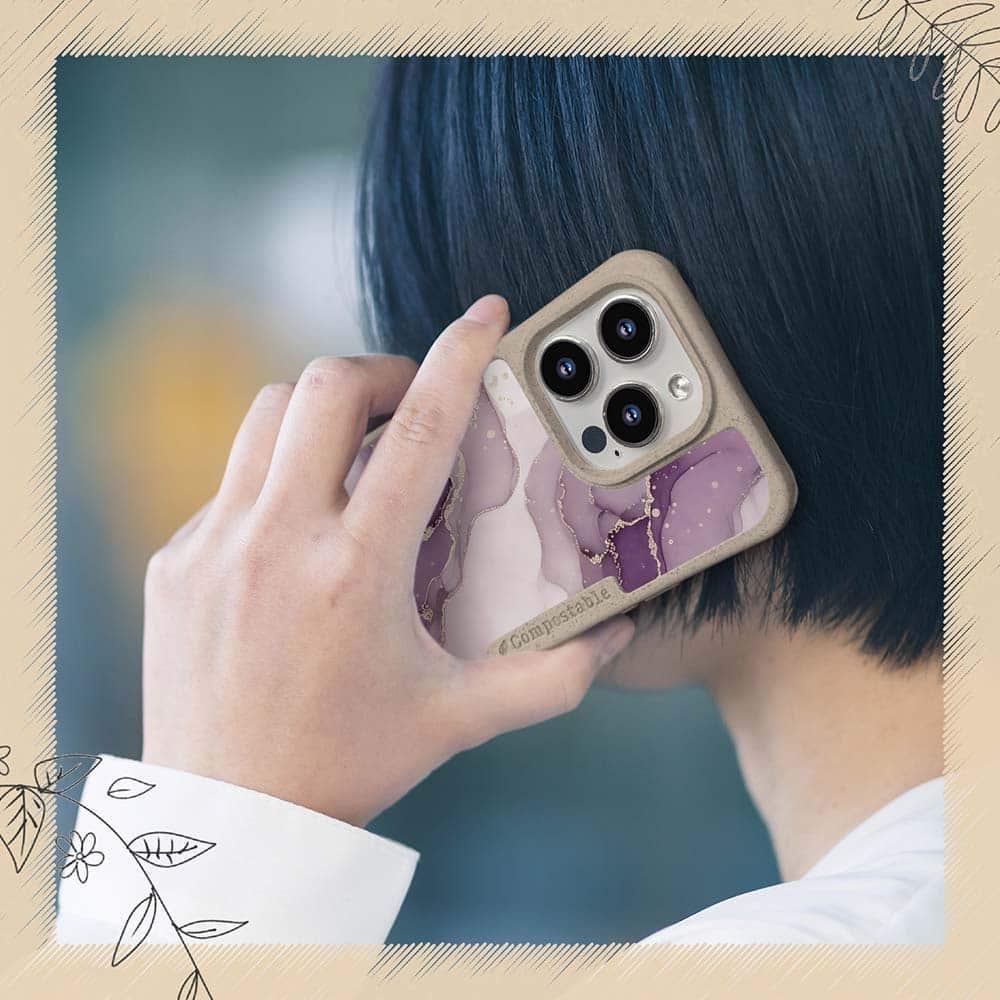 iPhone16/iPhone16e 花柄 コンポスケース くすみカラーマーブル調 パープル&ゴールド | 7枚目