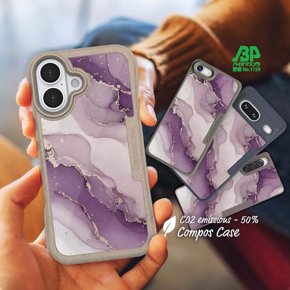 iPhone16/iPhone16e 花柄 コンポスケース くすみカラーマーブル調 パープル&ゴールド1枚目の画像