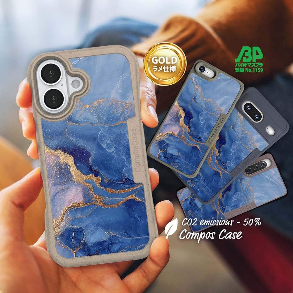 iPhone16/iPhone16e 花柄 コンポスケース マーブル調【ゴールドラメ】 ブルー&ゴールド1枚目の画像