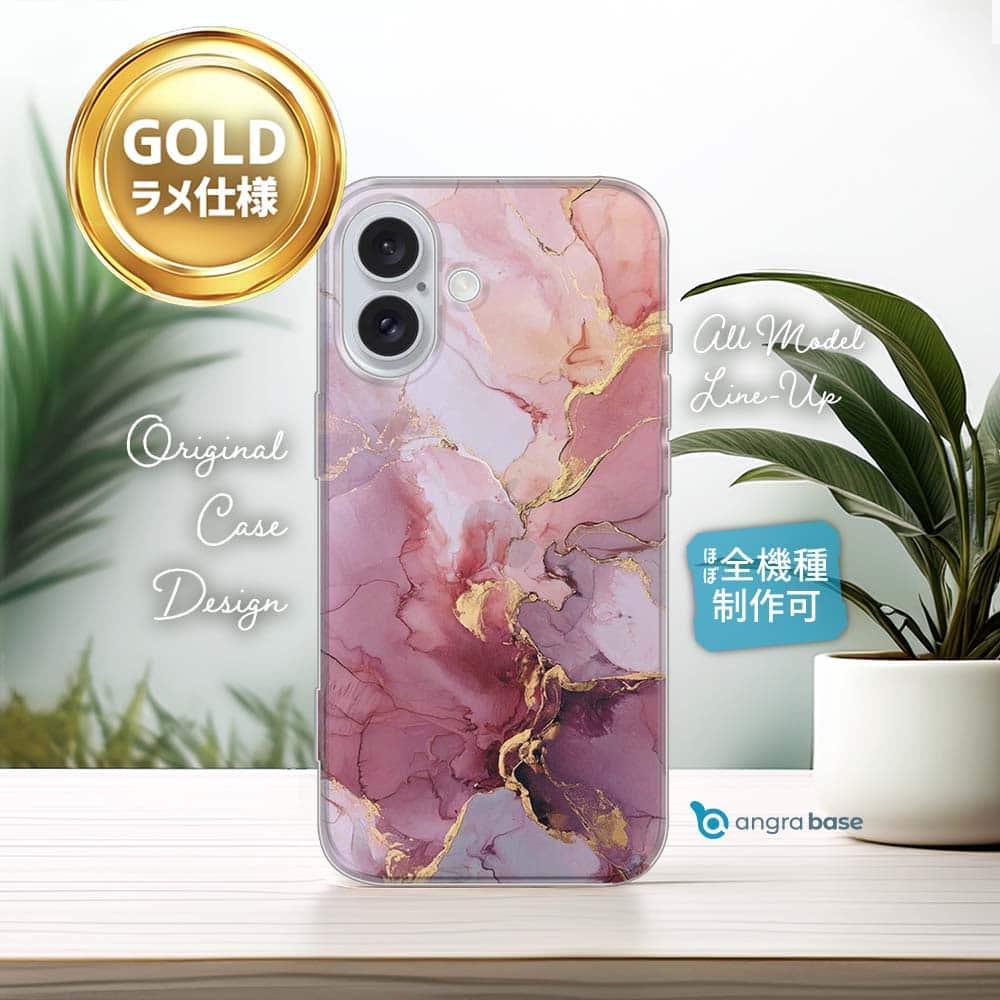 iPhone17/iPhoneAir 花柄 全機種対応☆TPUケース マーブル調【ゴールドラメ】 ピンク&ゴールド1枚目の画像