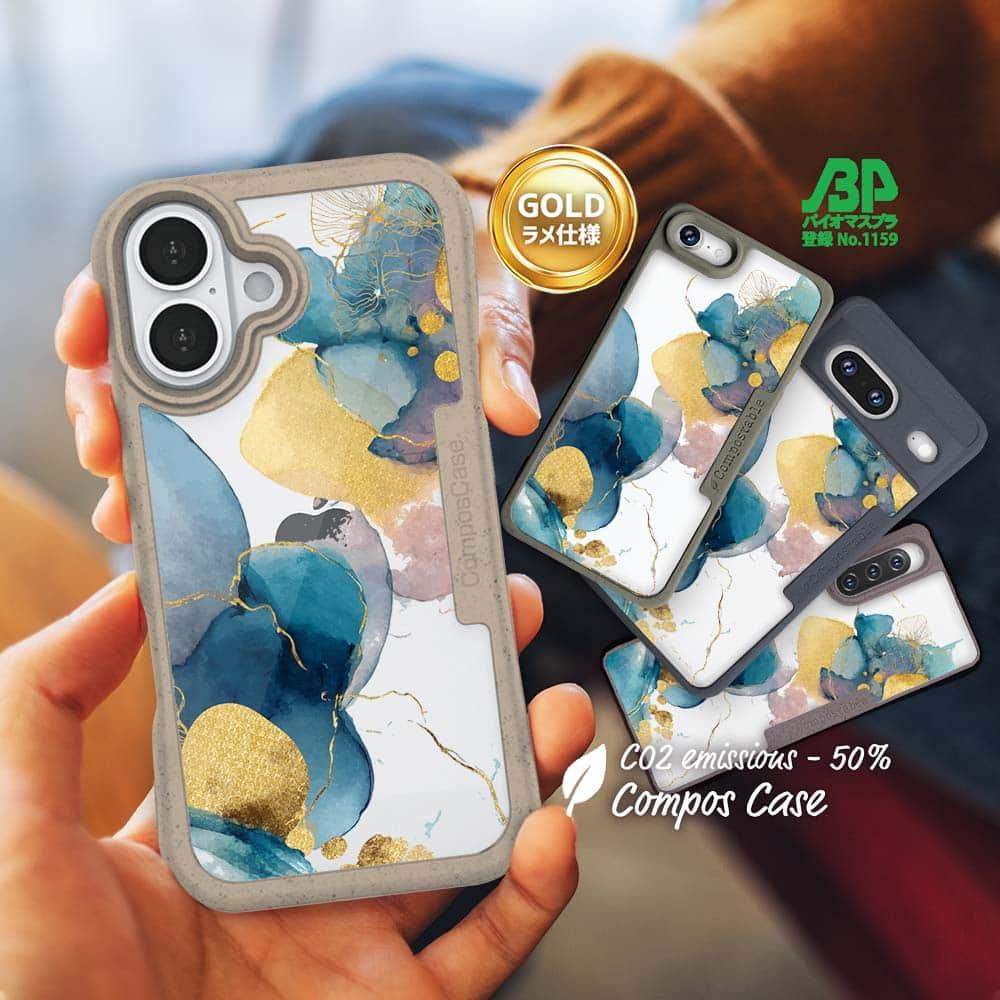 iPhone16/iPhone16e 花柄 コンポスケース 北欧デザイン【ラメ】 ブルーマーブル No21枚目の画像