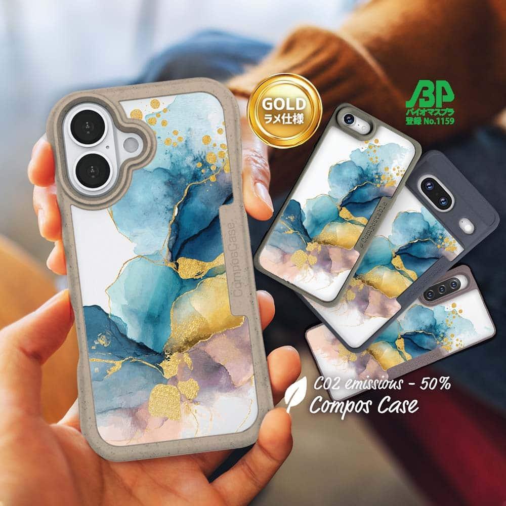 iPhone16/iPhone16e 花柄 コンポスケース 北欧デザイン【ラメ】 ブルーマーブル No11枚目の画像